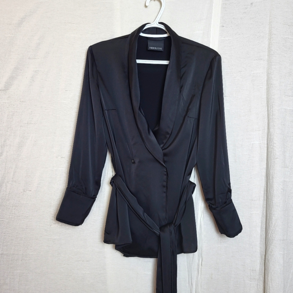 C/MEO Collective Women's XS Wrap Satin Blazer Black Knot Front Contemporary